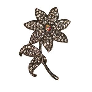 Vintage Silver Tone Rhinestone Flower Brooch Aurora Borealis Center Pin Floral